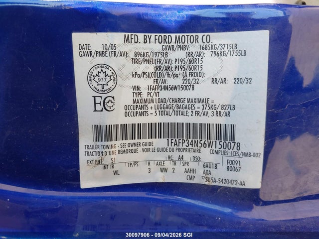Aukcja sprzedaży 2006 Ford Focus Zx4, vin: 1FAFP34N56W150078, numer aukcji: 30097906