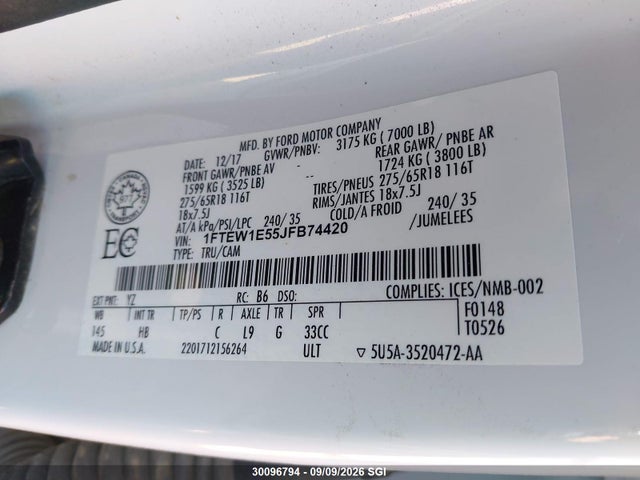 30096794 :رقم المزاد ، 1FTEW1E55JFB74420 vin ، 2018 Ford F150 Supercrew مزاد بيع