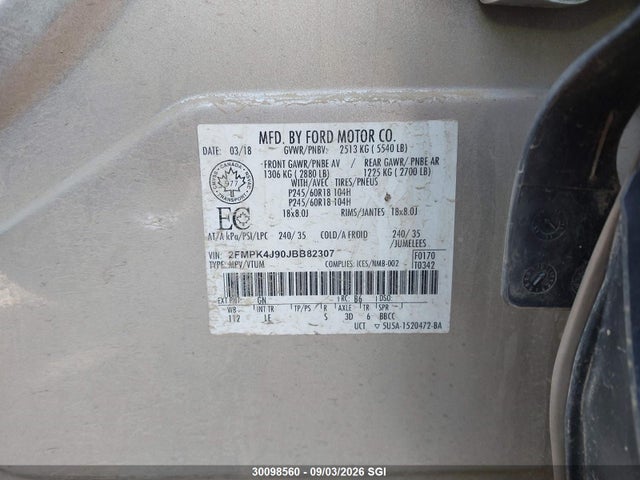 Продажа на аукционе авто 2018 Ford Edge Sel, vin: 2FMPK4J90JBB82307, номер лота: 30098560
