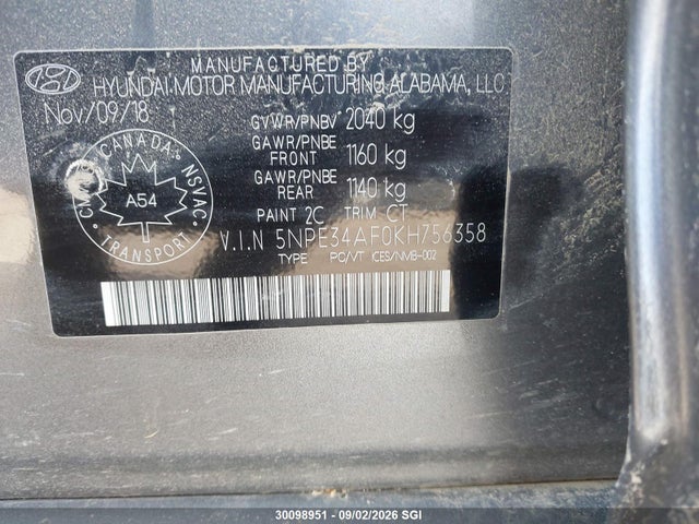 Продажа на аукционе авто 2019 Hyundai Sonata Limited/sel/sport, vin: 5NPE34AF0KH756358, номер лота: 30098951