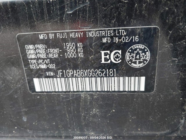 30099005 :رقم المزاد ، JF1GPAB6XGG262181 vin ، 2016 Subaru Impreza Premium مزاد بيع
