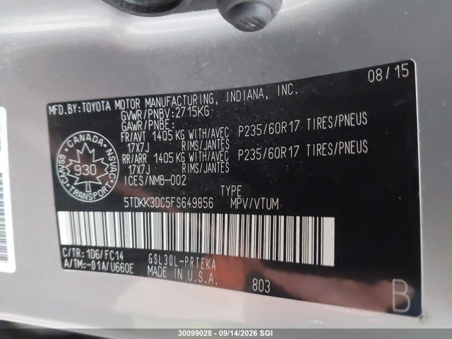 5TDKK3DC5FS649856 Toyota SIENNA LE
