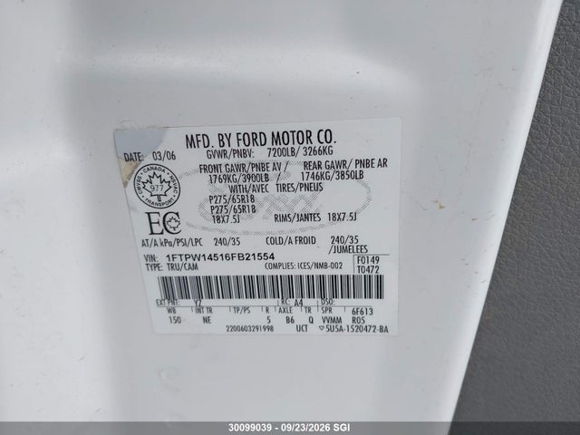 2006 Ford F150 Supercrew მანქანა იყიდება აუქციონზე, vin: 1FTPW14516FB21554, აუქციონის ნომერი: 30099039