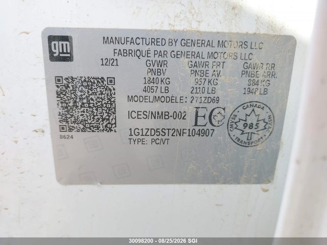 30098200 :رقم المزاد ، 1G1ZD5ST2NF104907 vin ، 2022 Chevrolet Malibu Lt مزاد بيع