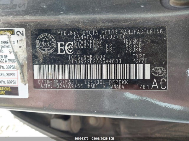 30096373 :رقم المزاد ، 2T1BR32E36C644633 vin ، 2006 Toyota Corolla Ce/le/s مزاد بيع