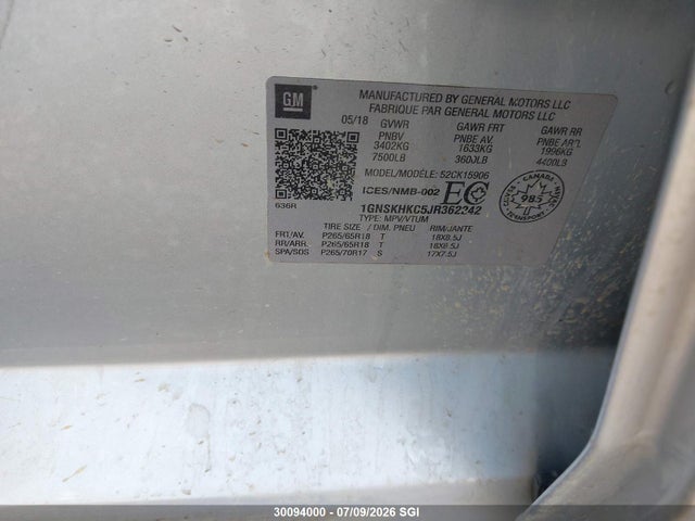 1GNSKHKC5JR362242 Chevrolet Suburban K1500 Lt