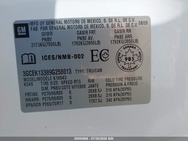 30095888 :رقم المزاد ، 3GCEK13389G258013 vin ، 2009 Chevrolet Silverado K1500 مزاد بيع