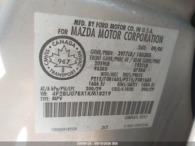 30099124 :رقم المزاد ، 4F2BU07BX1KM18219 vin ، 2001 Mazda Tribute Dx مزاد بيع