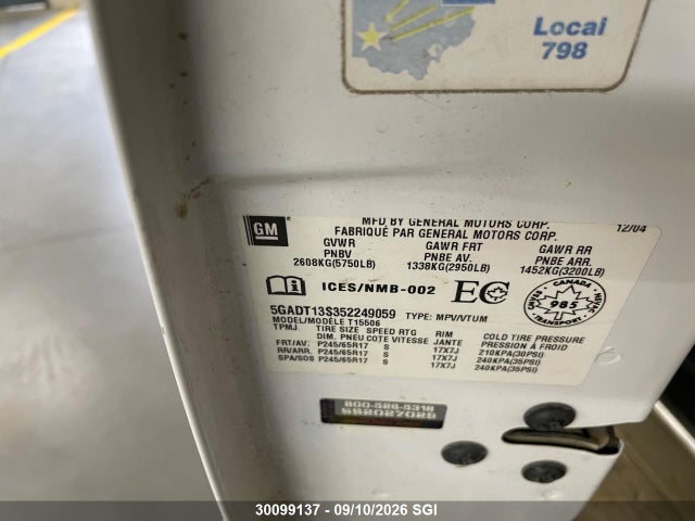 2005 Buick Rainier Cxl მანქანა იყიდება აუქციონზე, vin: 5GADT13S352249059, აუქციონის ნომერი: 30099137