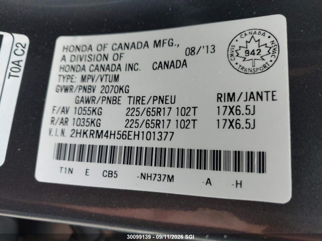30099139 :رقم المزاد ، 2HKRM4H56EH101377 vin ، 2014 Honda Cr-v Ex مزاد بيع