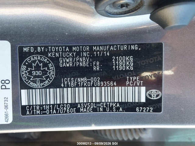 Auction sale of the 2015 Toyota Camry Le/xle/se/xse, vin: 4T1BF1FK0FU893564, lot number: 30098213
