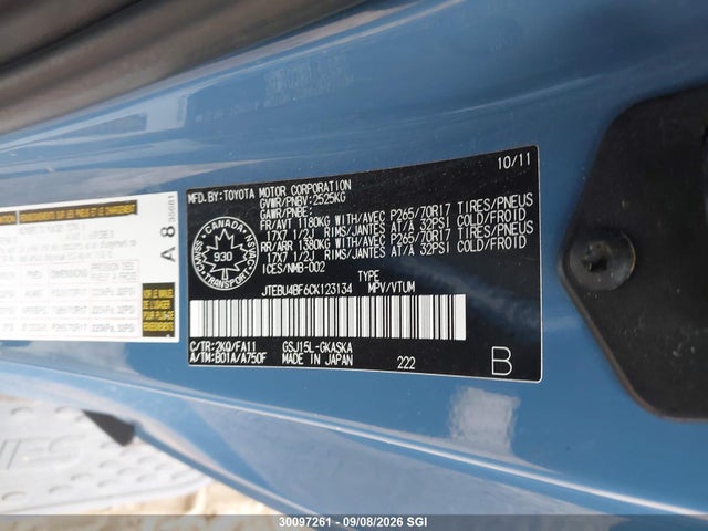 Aukcja sprzedaży 2012 Toyota Fj Cruiser, vin: JTEBU4BF6CK123134, numer aukcji: 30097261