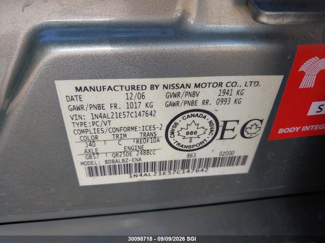 Auction sale of the 2007 Nissan Altima 2.5 S, vin: 1N4AL21E57C147642, lot number: 30098718