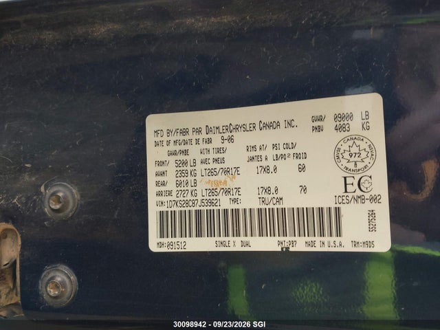 2007 Dodge Ram 2500 St/slt მანქანა იყიდება აუქციონზე, vin: 1D7KS28C87J539621, აუქციონის ნომერი: 30098942