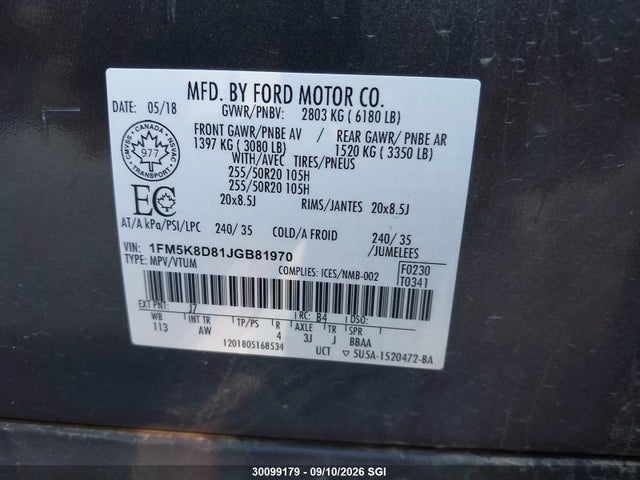 2018 Ford Explorer Xlt მანქანა იყიდება აუქციონზე, vin: 1FM5K8D81JGB81970, აუქციონის ნომერი: 30099179