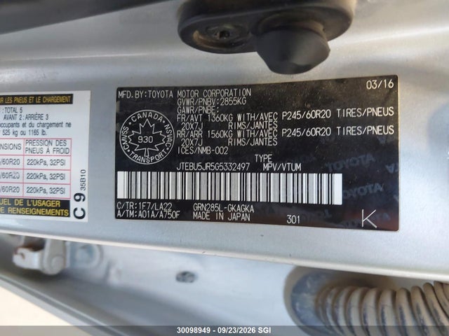 Продажа на аукционе авто 2016 Toyota 4runner Sr5 Prem/ltdl/trail/trd, vin: JTEBU5JR5G5332497, номер лота: 30098949