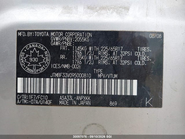 Aukcja sprzedaży 2009 Toyota Rav4, vin: JTMBF33V095000810, numer aukcji: 30097076