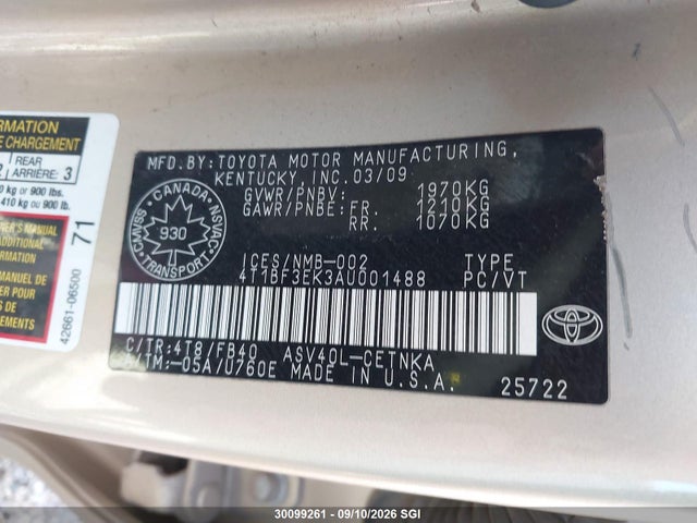 30099261 :رقم المزاد ، 4T1BF3EK3AU001488 vin ، 2010 Toyota Camry Se/le/xle مزاد بيع