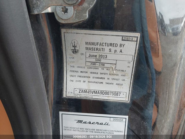 30099283 :رقم المزاد ، ZAM45VMA9D0075087 vin ، 2013 Maserati Granturismo S/sport/mc مزاد بيع
