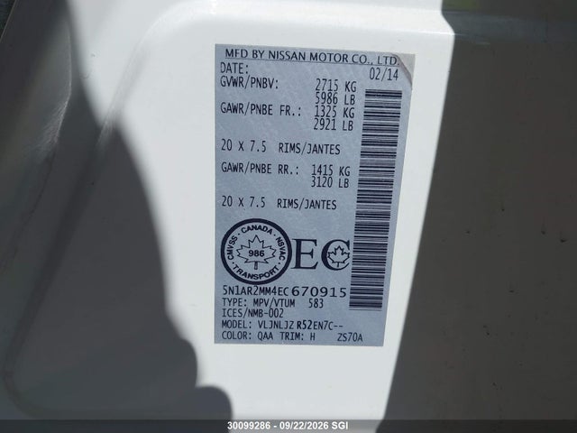 30099286 :رقم المزاد ، 5N1AR2MM4EC670915 vin ، 2014 Nissan Pathfinder S/sv/sl/platinum مزاد بيع