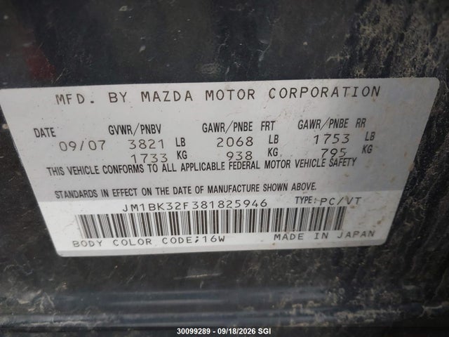 Aukcja sprzedaży 2008 Mazda 3 I, vin: JM1BK32F381825946, numer aukcji: 30099289