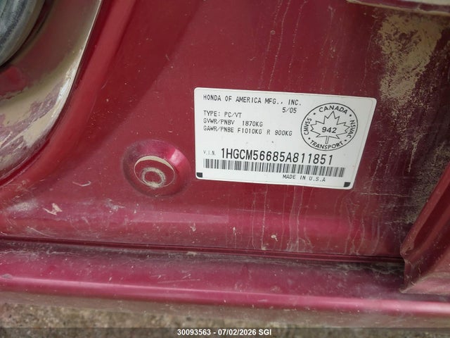 Aukcja sprzedaży 2005 Honda Accord Ex, vin: 1HGCM56685A811851, numer aukcji: 30093563