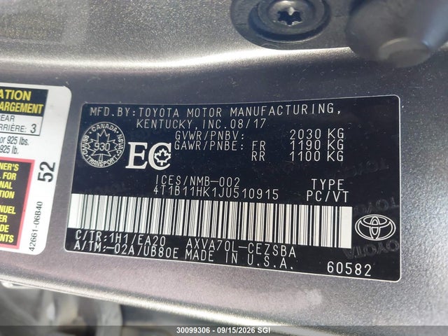 30099306 :رقم المزاد ، 4T1B11HK1JU510915 vin ، 2018 Toyota Camry L/le/xle/se/xse مزاد بيع