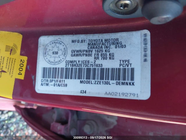 Продаж на аукціоні авто 2003 Toyota Corolla Ce/le/s, vin: 2T1BR32E73C751633, номер лоту: 30099313