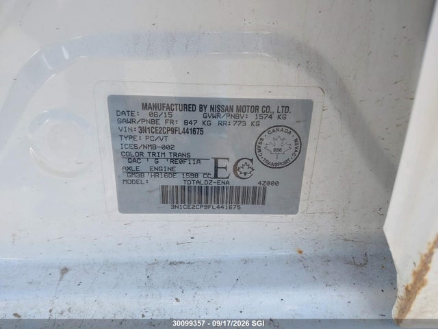 Nissan Versa Note 1.6 S/1.6 Sl/1.6 Sr/1.6 Sv 2015 3N1CE2CP9FL441675 Image 9