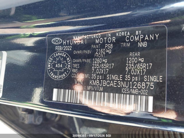 KM8JBCAE3NU126875 Hyundai TUCSON SEL