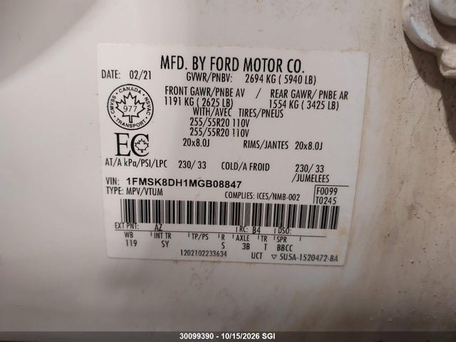 Продажа на аукционе авто 2021 Ford Explorer Xlt, vin: 1FMSK8DH1MGB08847, номер лота: 30099390