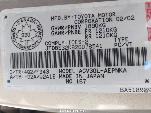 Aukcja sprzedaży 2002 Toyota Camry Le/xle/se, vin: JTDBE32K820078541, numer aukcji: 30099426