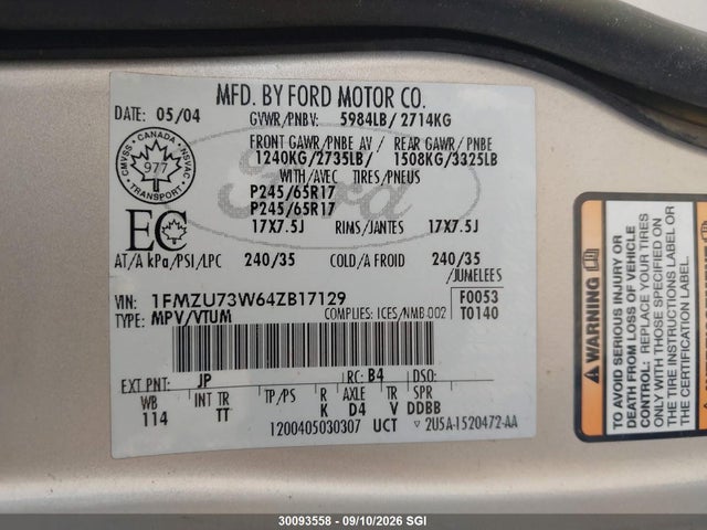 Aukcja sprzedaży 2004 Ford Explorer Xlt/xlt Sport/nbx, vin: 1FMZU73W64ZB17129, numer aukcji: 30093558