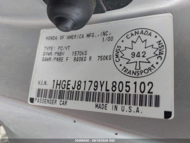 30099450 :رقم المزاد ، 1HGEJ8179YL805102 vin ، 2000 Honda Civic Si مزاد بيع