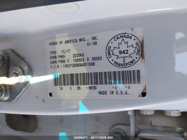 30099471 :رقم المزاد ، 1HGCP268X8A811068 vin ، 2008 Honda Accord Exl مزاد بيع