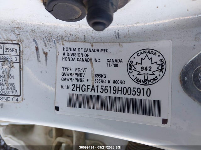 30099494 :رقم المزاد ، 2HGFA15619H005910 vin ، 2009 Honda Civic Lx-s مزاد بيع