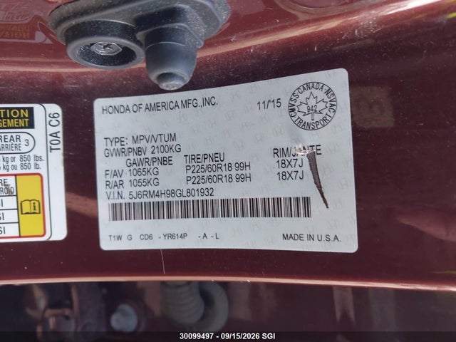 5J6RM4H98GL801932 Honda Cr-v Touring