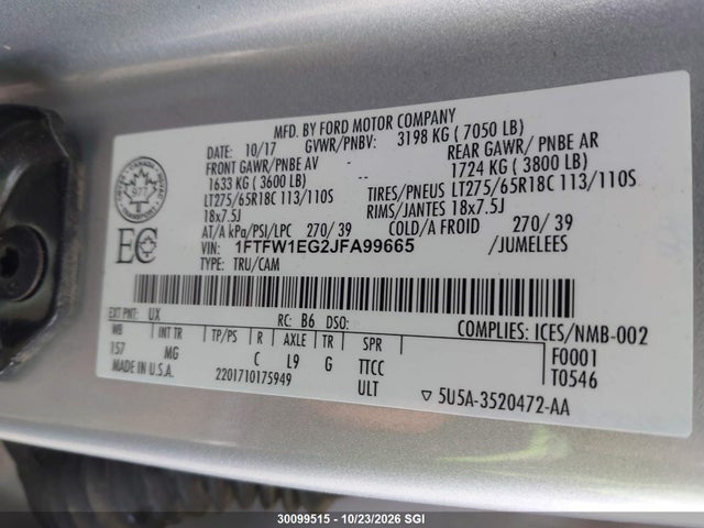 1FTFW1EG2JFA99665 Ford F150 Supercrew