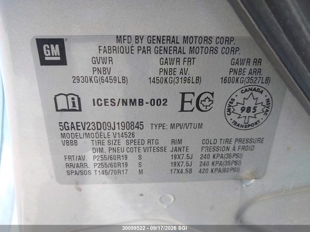 Aukcja sprzedaży 2009 Buick Enclave Cxl, vin: 5GAEV23D09J190845, numer aukcji: 30099522