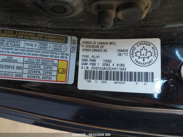 Продаж на аукціоні авто 2012 Honda Civic Lx, vin: 2HGFG3A53CH011643, номер лоту: 30099266
