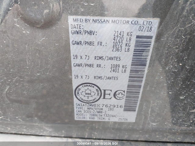 30099541 :رقم المزاد ، 5N1AT2MV0JC762916 vin ، 2018 Nissan Rogue Sv/sl مزاد بيع