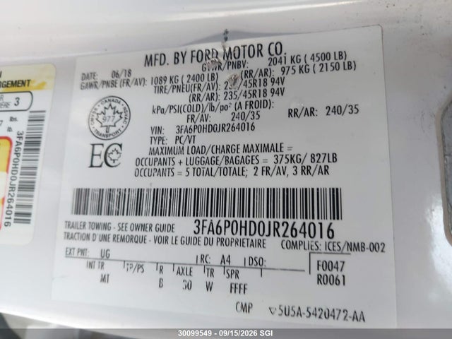 3FA6P0HD0JR264016 Ford FUSION SE