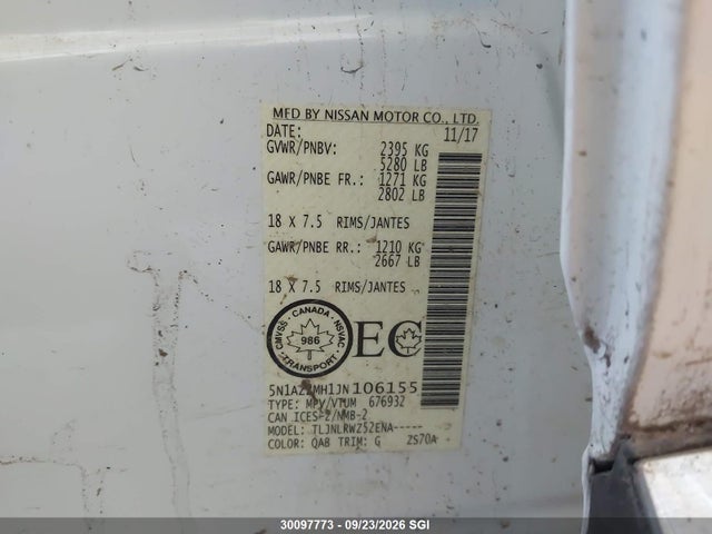 Aukcja sprzedaży 2018 Nissan Murano S/sl/sv/platinum, vin: 5N1AZ2MH1JN106155, numer aukcji: 30097773