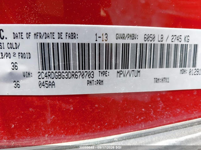 2013 Dodge Grand Caravan Se მანქანა იყიდება აუქციონზე, vin: 2C4RDGBG3DR670703, აუქციონის ნომერი: 30099648