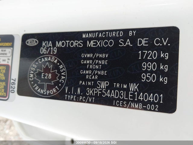 3KPF54AD3LE140401 KIA FORTE EX