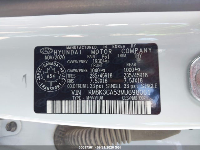 Продаж на аукціоні авто 2021 Hyundai Kona Trend Awd With Two-tone Roof, vin: KM8K3CA53MU698061, номер лоту: 30097561