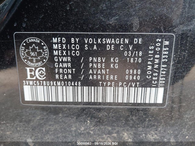 30098963 :رقم المزاد ، 3VWC57BU9KM010448 vin ، 2019 Volkswagen Jetta S/se/r-line مزاد بيع