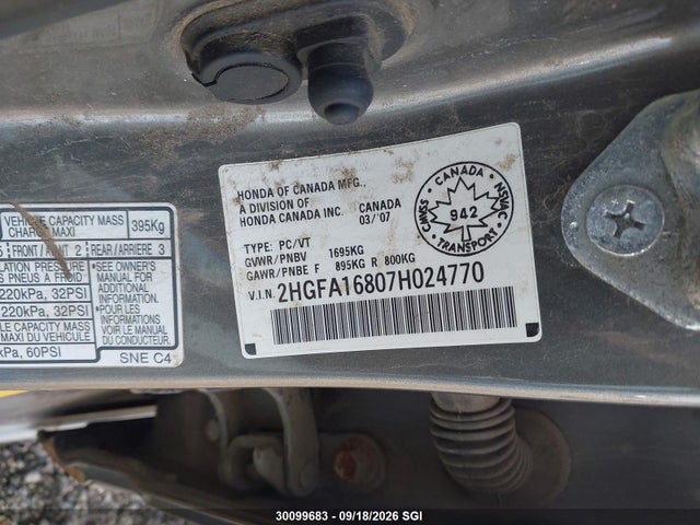 30099683 :رقم المزاد ، 2HGFA16807H024770 vin ، 2007 Honda Civic Ex مزاد بيع