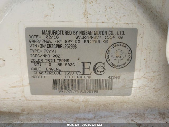2016 Nissan Micra მანქანა იყიდება აუქციონზე, vin: 3N1CK3CP8GL252998, აუქციონის ნომერი: 30099424