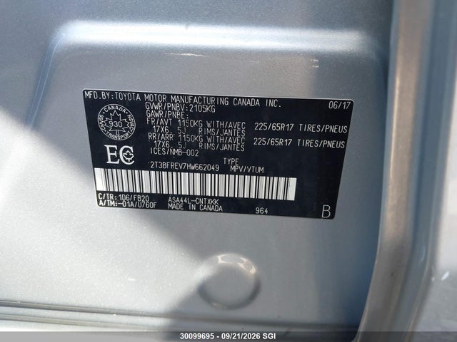 30099695 :رقم المزاد ، 2T3BFREV7HW662049 vin ، 2017 Toyota Rav4 Le مزاد بيع